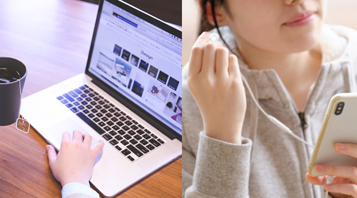 パソコンとスマホを使っている女性の画像